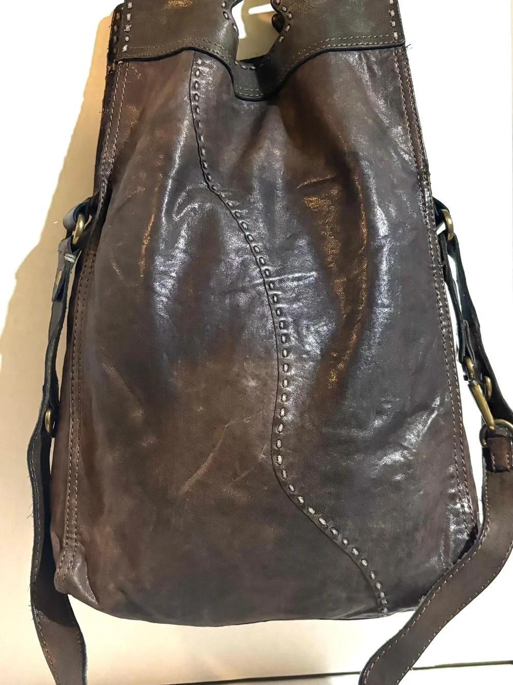 Lucky Brand distressed color blocking Dark Brown gray Leather crossbody bag
